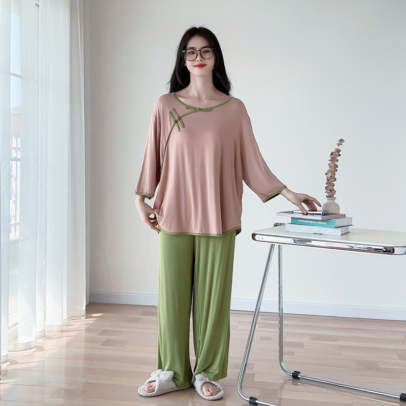 民族风盘扣莫代尔大码睡衣女春夏薄款中国风七分袖长裤家居服套装