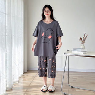 纯棉加大码情侣睡衣女夏季短袖七分裤薄款加肥200斤男家居服套装