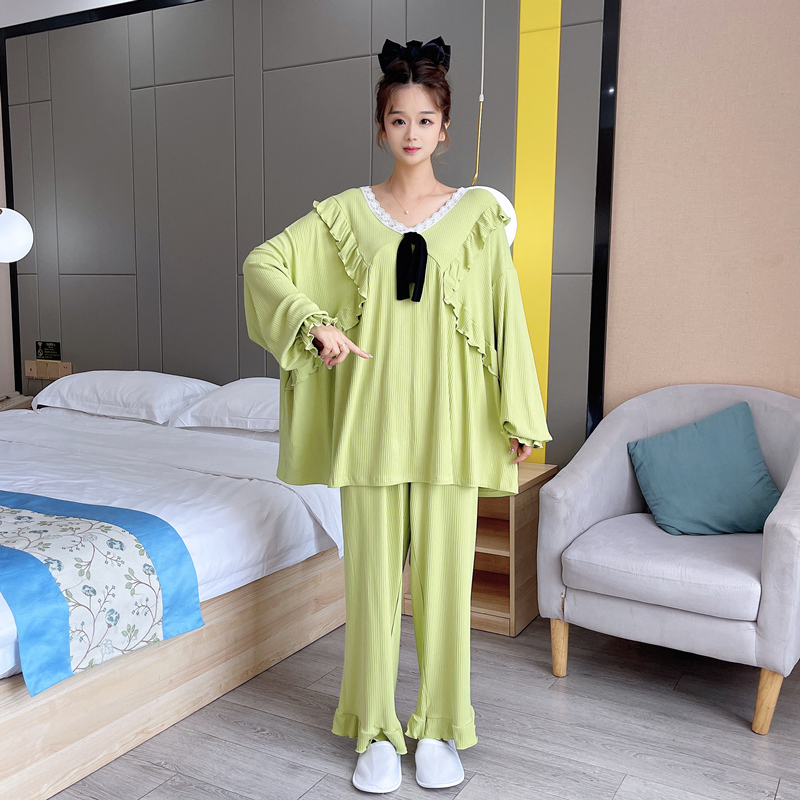 蝴蝶结纯棉大码睡衣套装女春秋