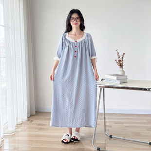 方领花边薄款纯棉纱布大码睡裙女夏短袖加肥200斤睡衣长裙家居服