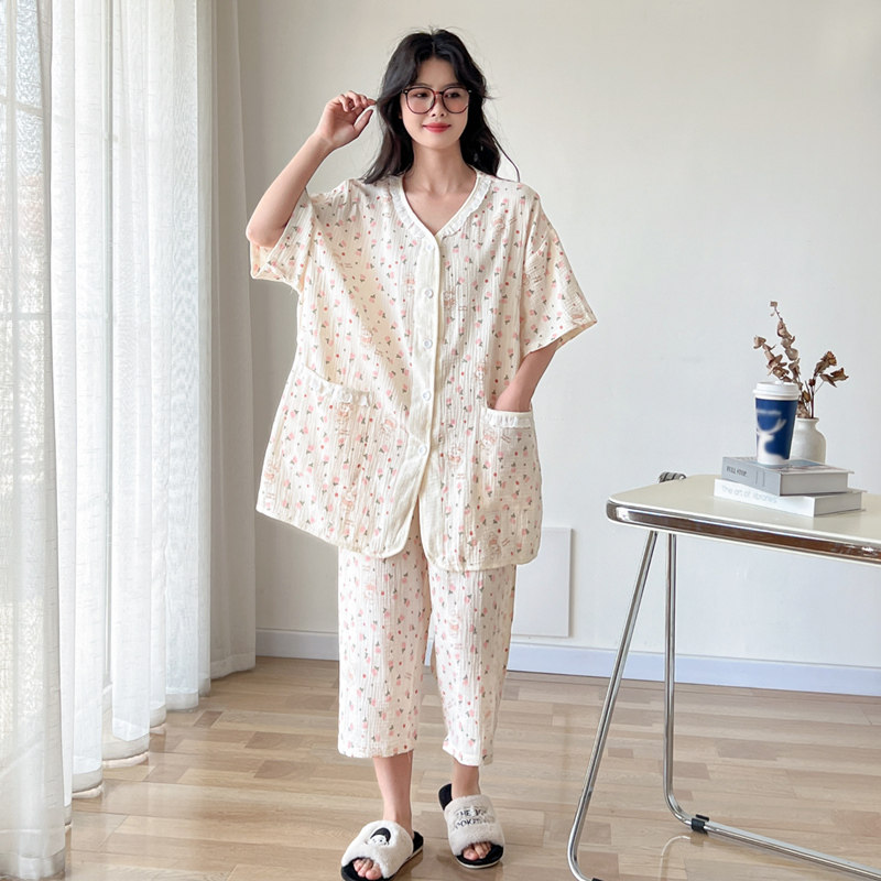 V领花边纯棉纱布大码胖mm睡衣女夏短袖七分裤甜美200斤家居服套装