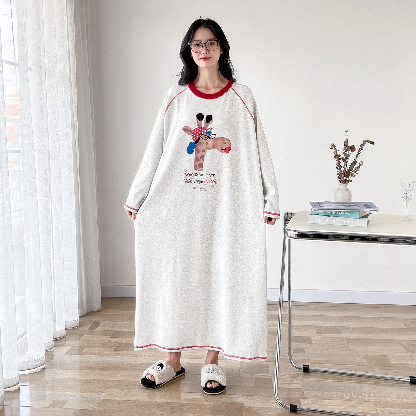 加长款卡通加厚纯棉大码长袖睡裙女春秋胖MM200斤孕妇睡衣家居服