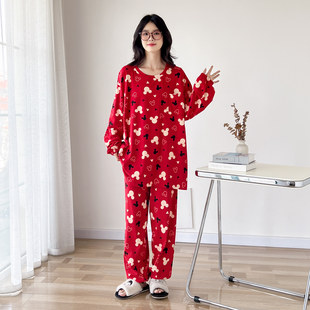 卡通圆领纯棉大码睡衣女红色春秋季长袖长裤加肥200斤家居服套装