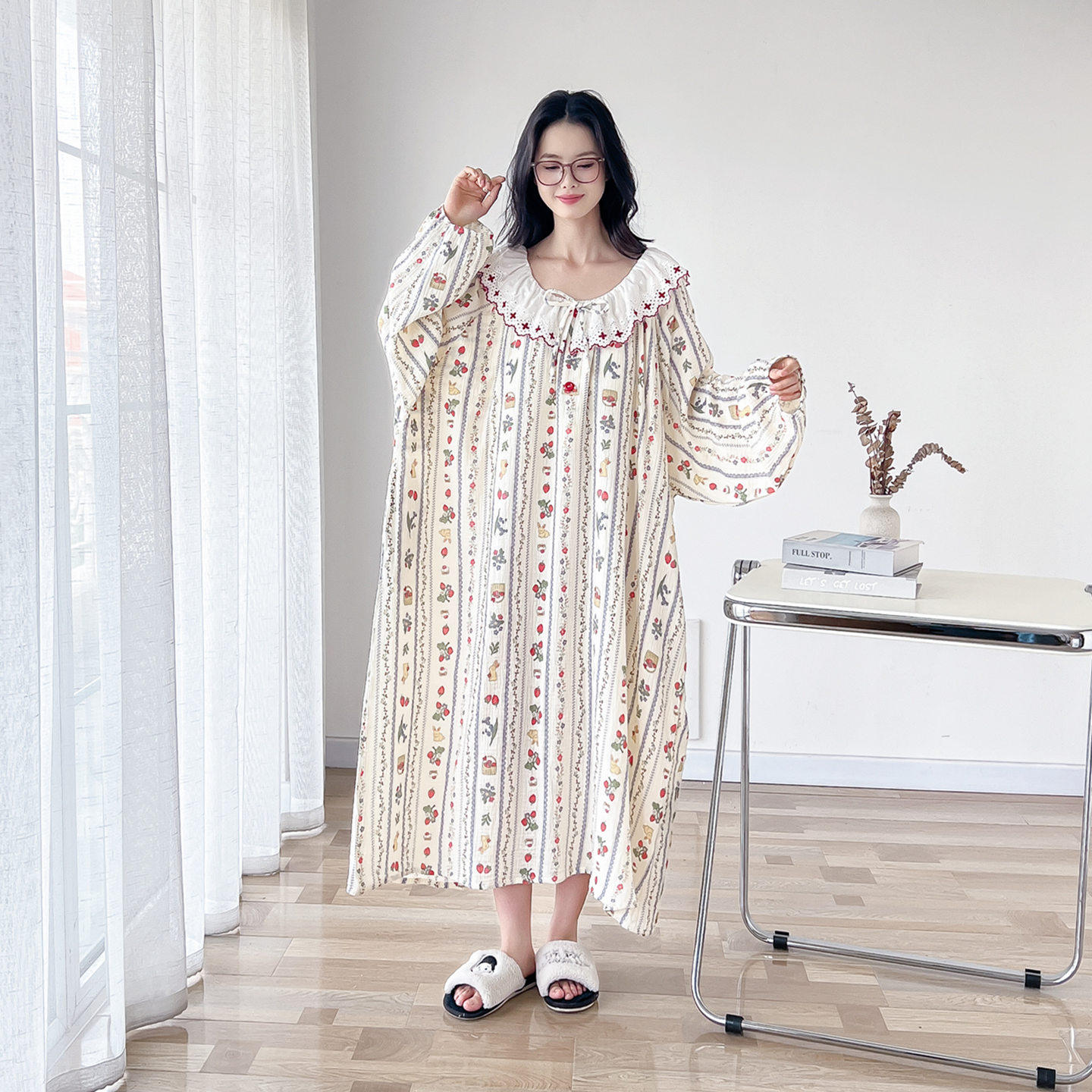 带胸垫公主风纯棉纱布大码睡裙女