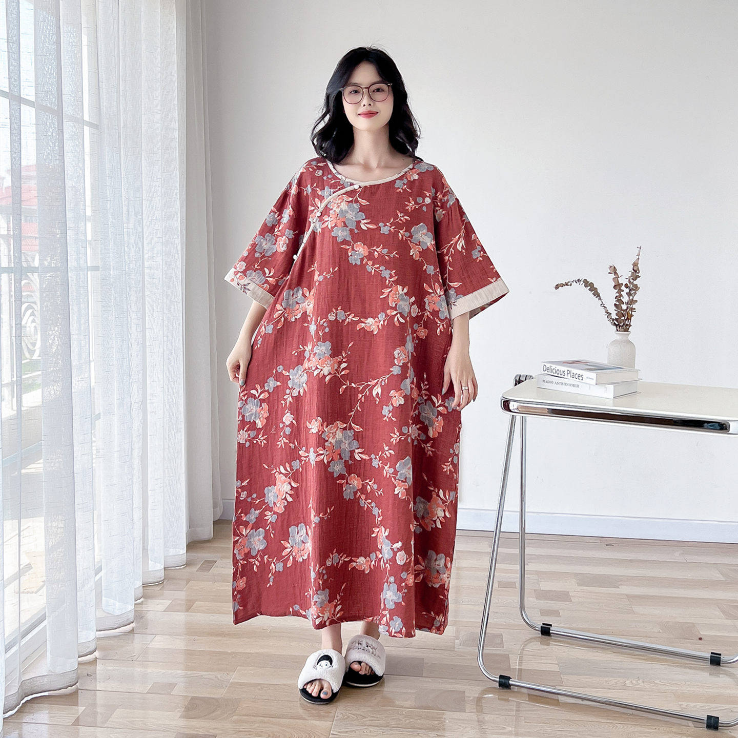 大码睡裙女夏薄款新中式纯棉纱布
