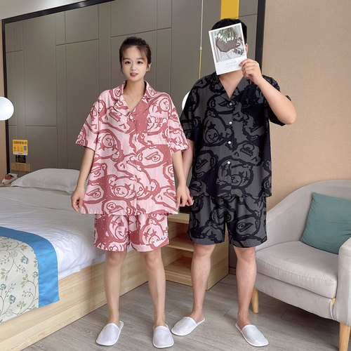 情侣睡衣卡通棉绸大码两件套