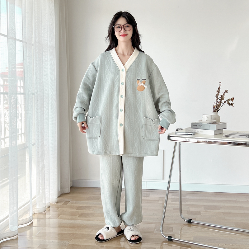 卡通刺绣空气棉大码睡衣套装女