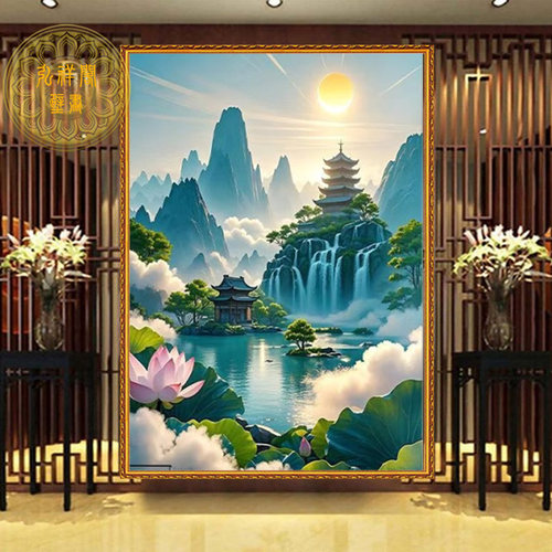 佛道仙莲花山水画背景墙天宫仙境堂单口太阳玄关装饰无活物墙布画