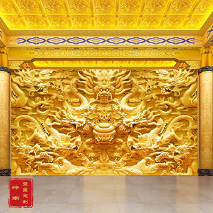九龙图金龙壁画佛堂墙贴盘龙8D立体酒店背景九龙墙布无缝壁纸定制