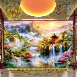 仙境山水画堂口客厅墙布纸背景佛道仙堂屋装饰风水挂画自粘壁画布