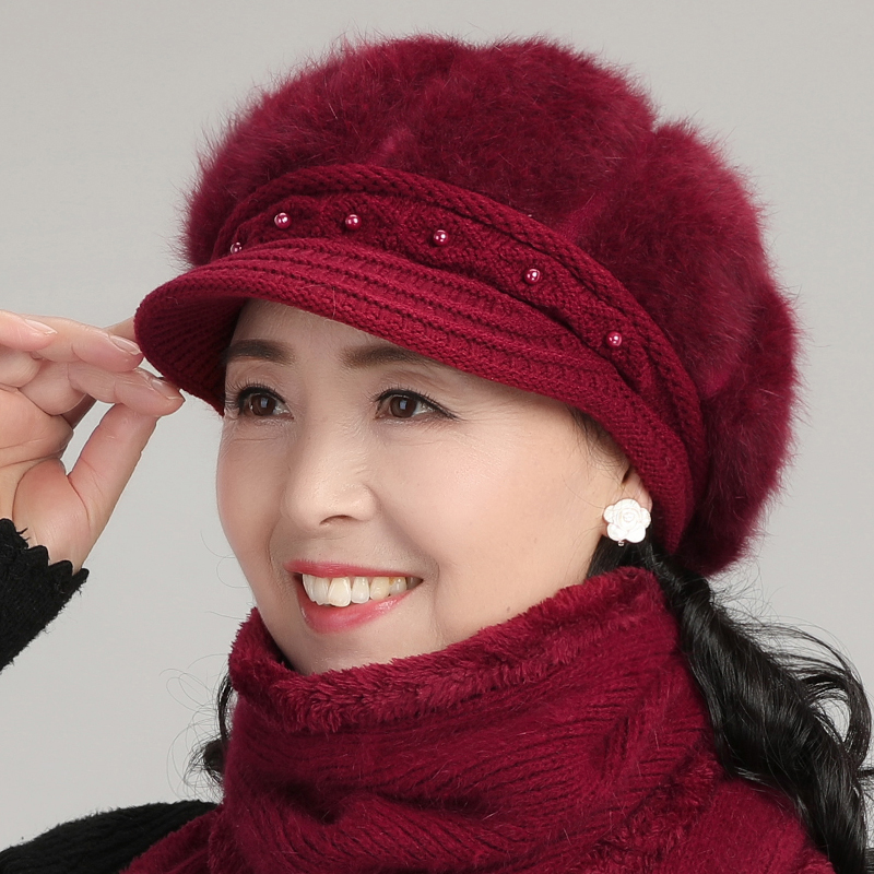 女士帽子女针织厚兔毛线帽棉帽