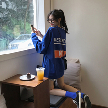 蓝色中长款 T恤女学生 长袖 潮初秋韩版 网红上衣2019新款 宽松bf秋装