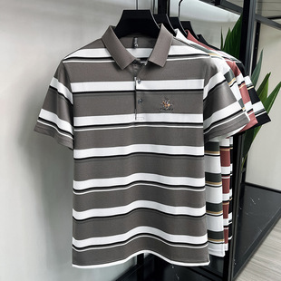 夏季新款POLO衫男士休闲短袖菠萝条纹T恤衫轻奢商务中青年刺绣t恤