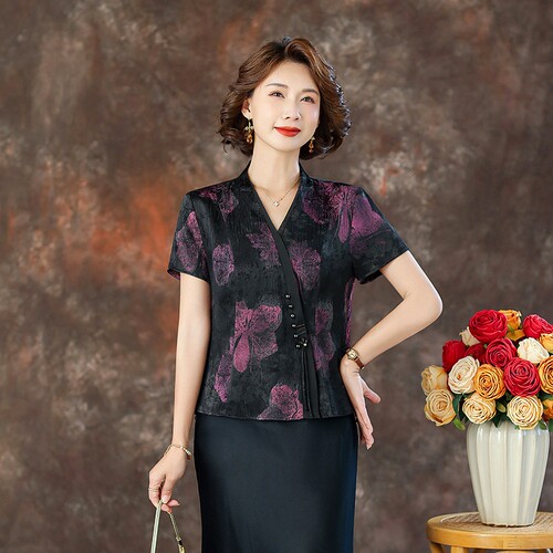 高端真丝上衣女2026夏新款短袖V领盘扣高级感气质妈妈桑蚕丝小衫