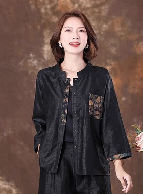 黑色龟裂纹高端香云纱衬衫女春秋新款2025真丝衬衣桑蚕丝开衫上衣