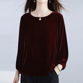 新款 真丝丝绒上衣女九分袖 桑蚕丝T恤圆领纯色遮肉显瘦外套春秋