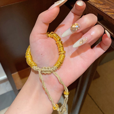 佛系古法沙金盘缠手串女金色碎金子编织手链手绳金色碎碎礼物百搭