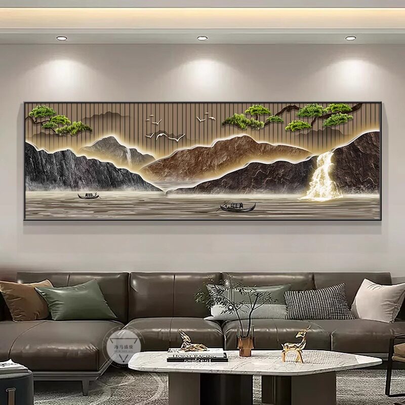 流水生财客厅沙发装饰画新中式山水挂画背有靠山茶室办公室墙壁画