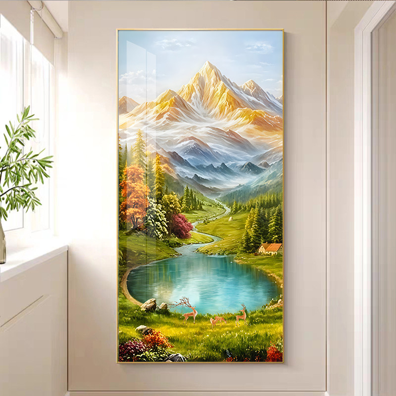 玄关日照金山挂画入户正对门高级聚宝盆装饰画走廊过道客厅山水画