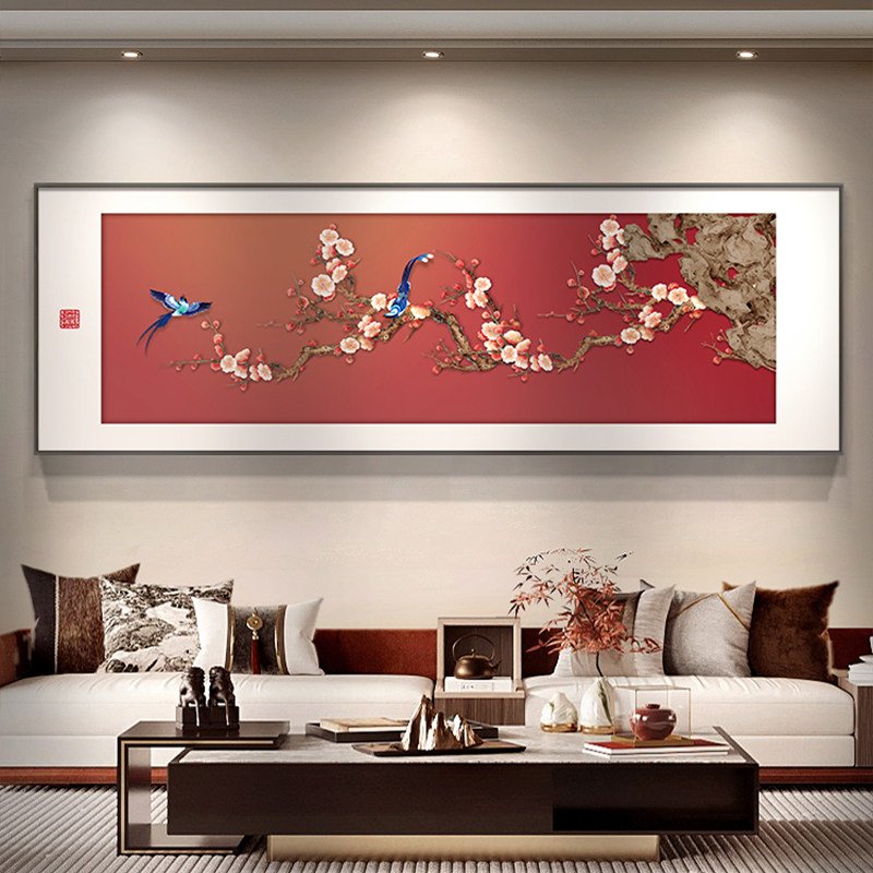喜上枝头客厅装饰画高级感新中式沙发背景墙挂画横幅喜庆花鸟壁画图片