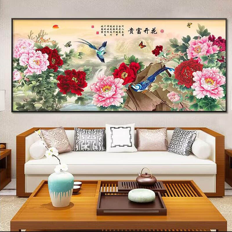 新款客厅装饰画沙发背景墙壁画花开富贵牡丹中式大气山水挂画晶瓷