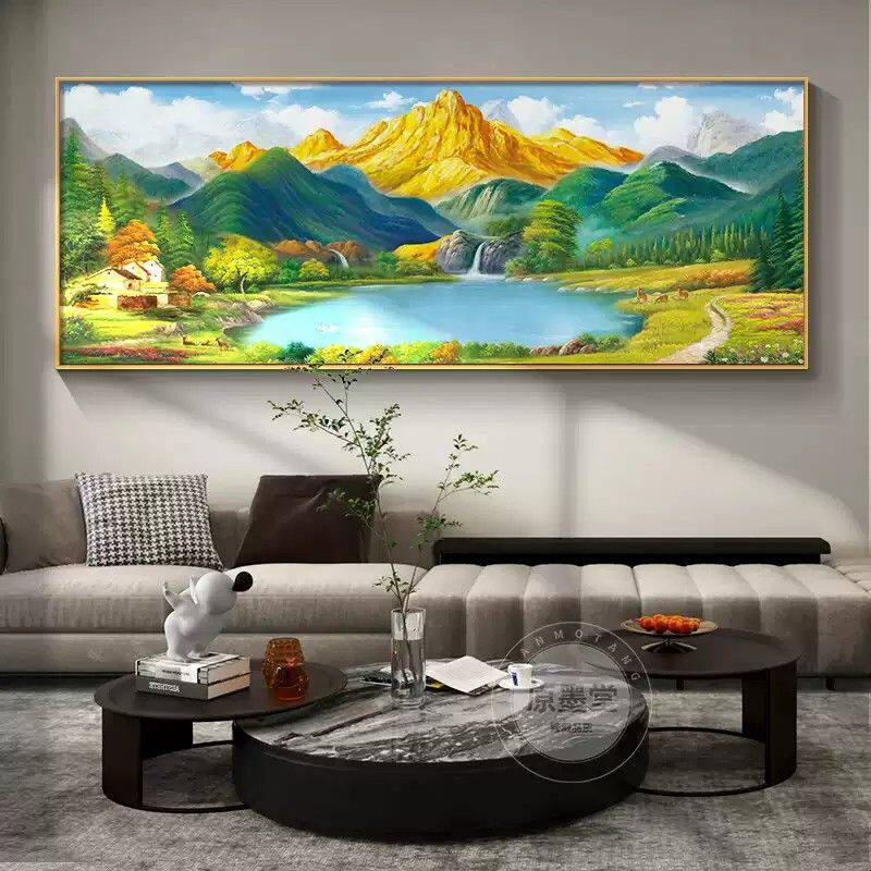 日照客厅图聚宝盆挂画装饰画沙发金山山水油画靠山背景墙壁画风景
