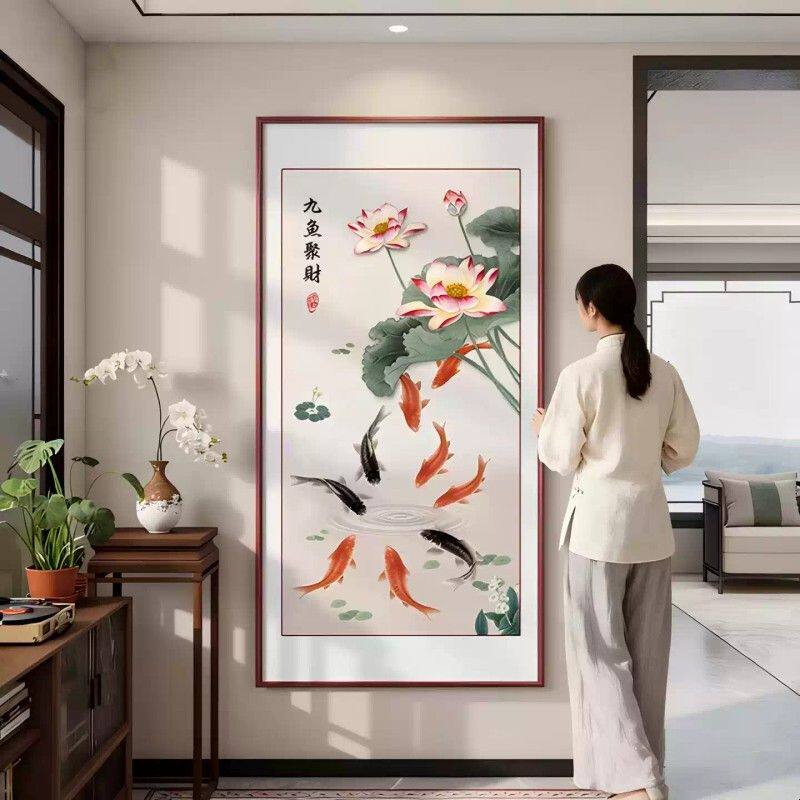 九鱼聚财图玄关装饰画新中式入户正对门走廊过道壁画荷花国画挂画