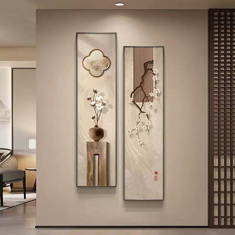 新中式玄关装饰画意花鸟竖版走廊过道挂画禅意客厅茶室背景墙壁画