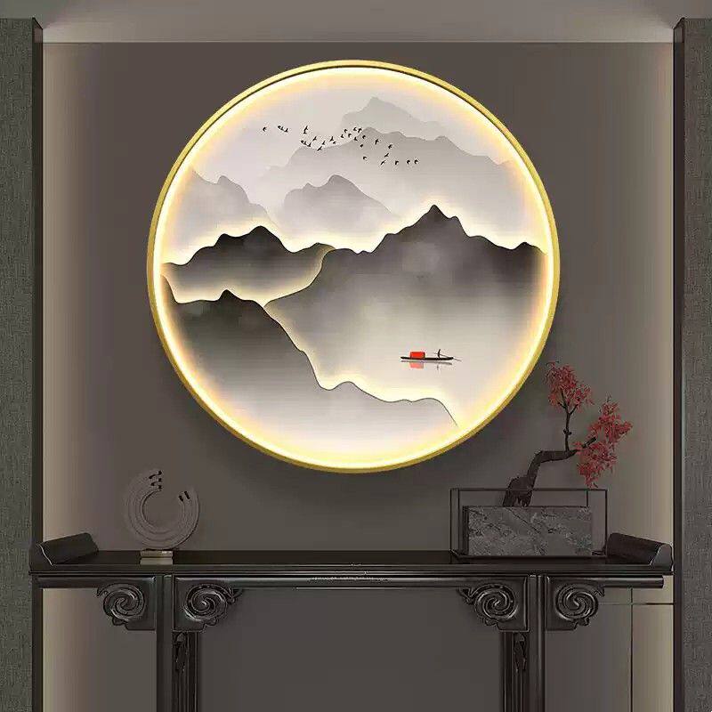 新中式水墨山水客厅走廊装饰画圆形入户玄关挂画晶瓷LED发光灯画