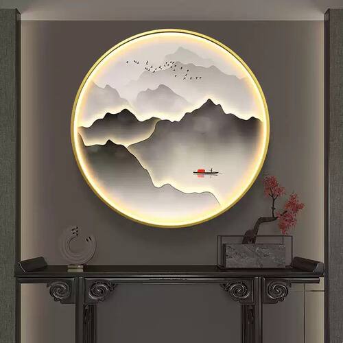新中式水墨山水客厅走廊装饰画圆形入户玄关挂画晶瓷LED发光灯画