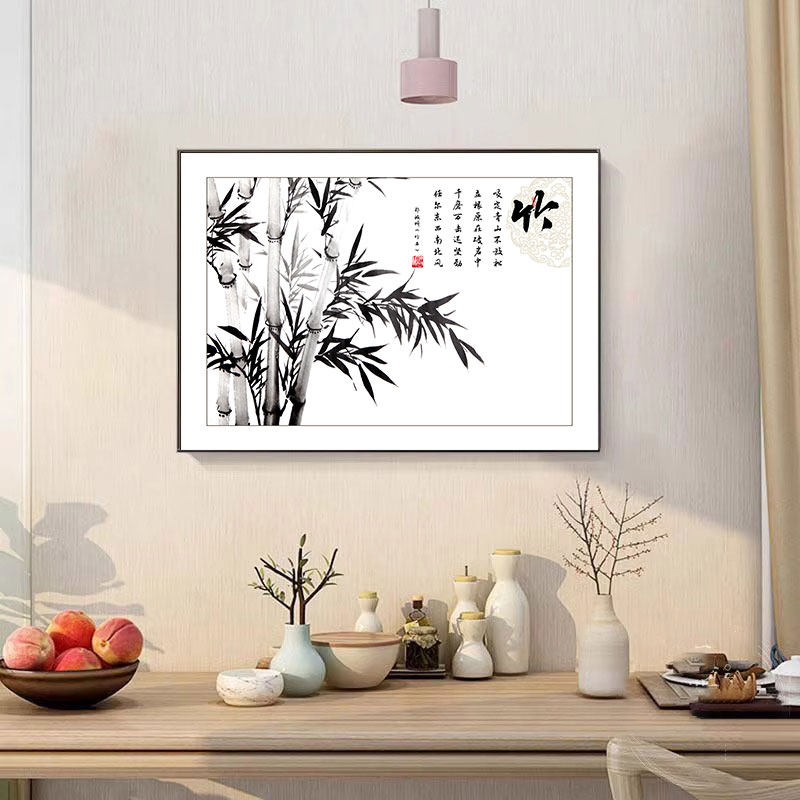 新中式餐厅竹子挂画水墨画餐桌饭厅高级感装饰画客厅竹报平安壁画
