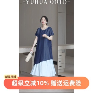 女裝 柒院家微胖大碼 假兩件連衣裙2025夏設(shè)計(jì)感胖mm寬松顯瘦中長裙