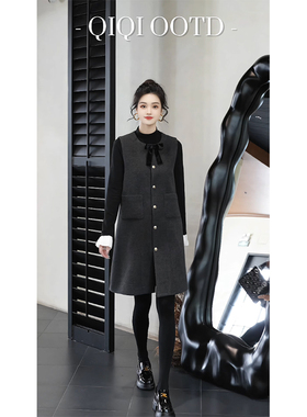 柒院家微胖大码女法式系带蝴蝶结背心带连衣裙圆领显瘦气质中长裙