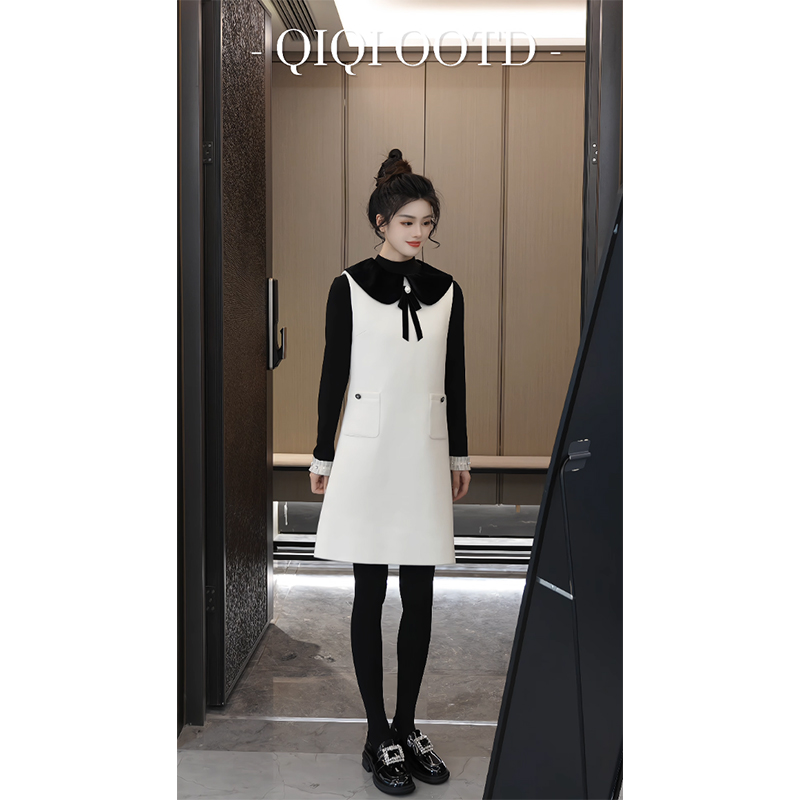 大码撞色气质娃娃领背心连衣裙女