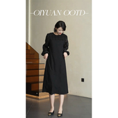 柒院家微胖大码 圆领拼接蕾丝长袖 连衣裙2025秋宽松遮肉显瘦中长裙