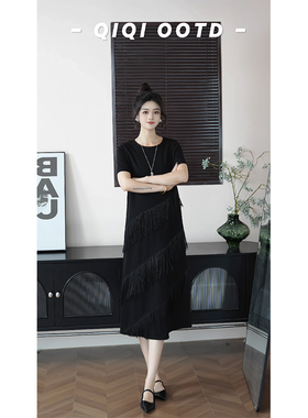 柒院家大码流苏设计感圆领短袖连衣裙2026夏季新款通勤显瘦中长裙