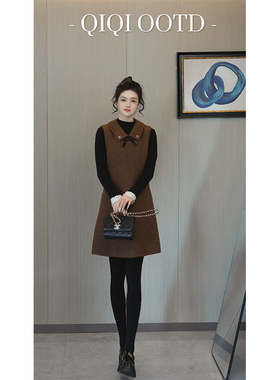 柒院家大码名媛风高级感气质翻领羊毛背心连衣裙2025冬宽松中长裙