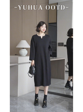 柒院家微胖大码女装简约休闲气质长袖连衣裙2025秋季宽松显瘦长裙