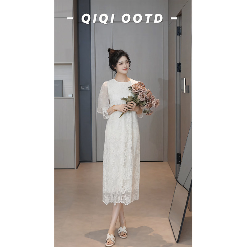 柒院家微胖大码女气质蕾丝长袖连衣裙2026春新款宽松遮肉显瘦长裙