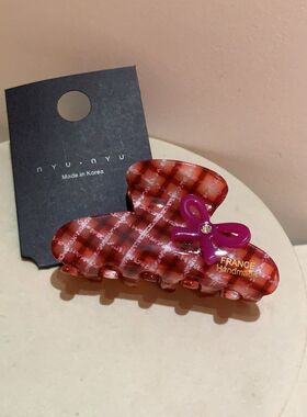 少女心红色格纹蝴蝶结抓夹可爱甜美风公主头盘发鲨鱼夹后脑勺发抓