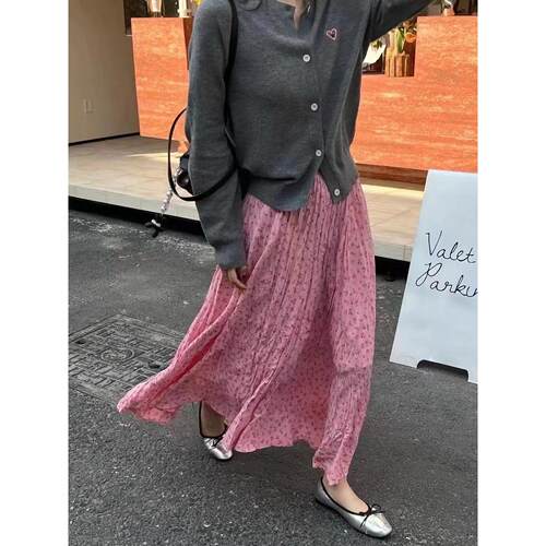 Hey柔雾色系！显白枚粉小碎花半身裙 女春夏飘逸皱皱长裙大摆裙