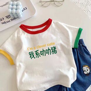我系叻叻猪 广东话趣味儿童短袖T恤纯棉拼色粤语搞笑男女童上衣夏