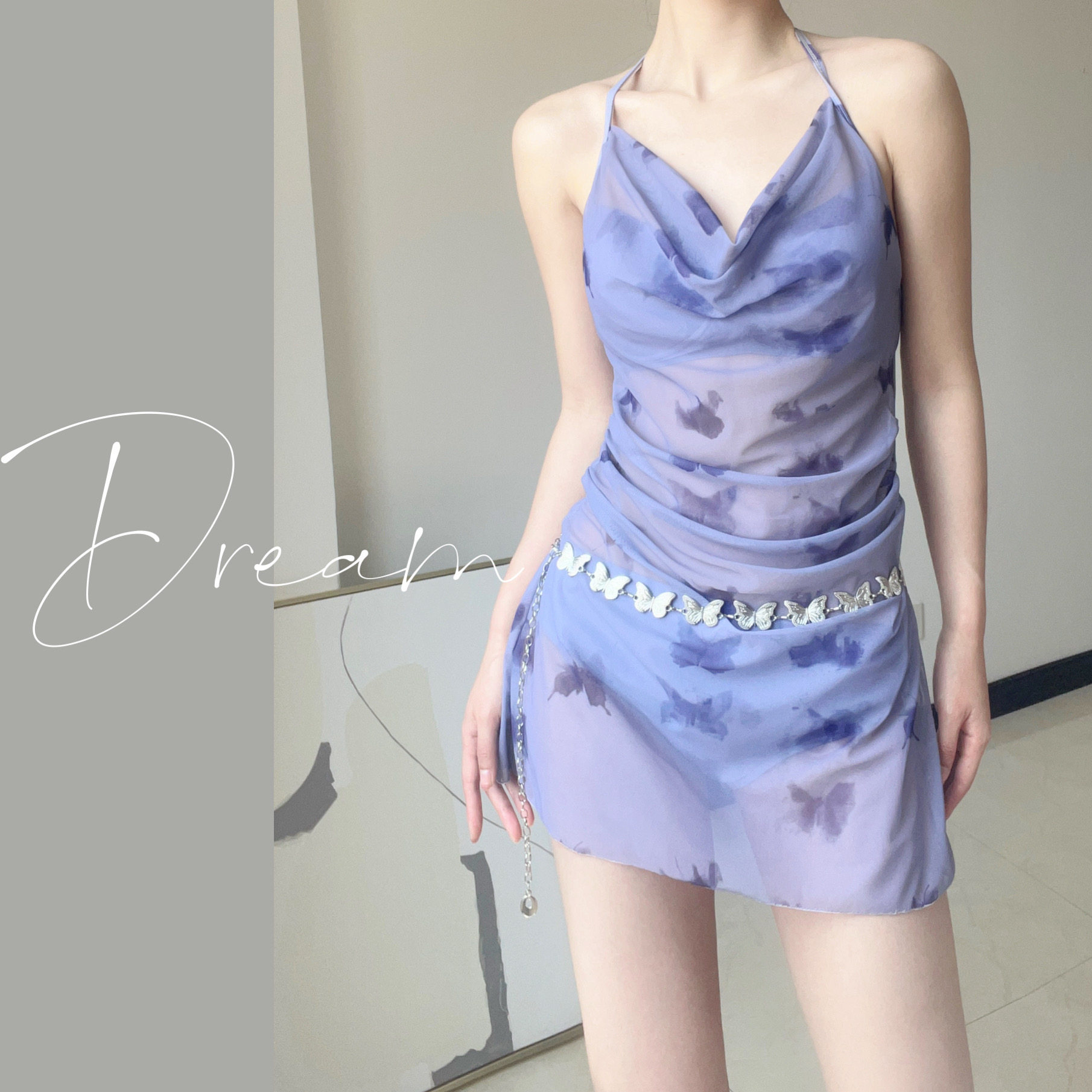 蜜Dream泳衣女款纯欲辣妹蝴蝶性感连体裙式显瘦吊带泳装钢托聚拢