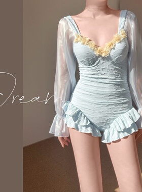 蜜Dream新款连体泳衣女baby蓝色荷叶边显瘦遮肚纯欲风游泳装温泉