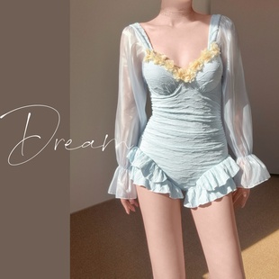 蜜Dream新款 温泉 连体泳衣女baby蓝色荷叶边显瘦遮肚纯欲风游泳装