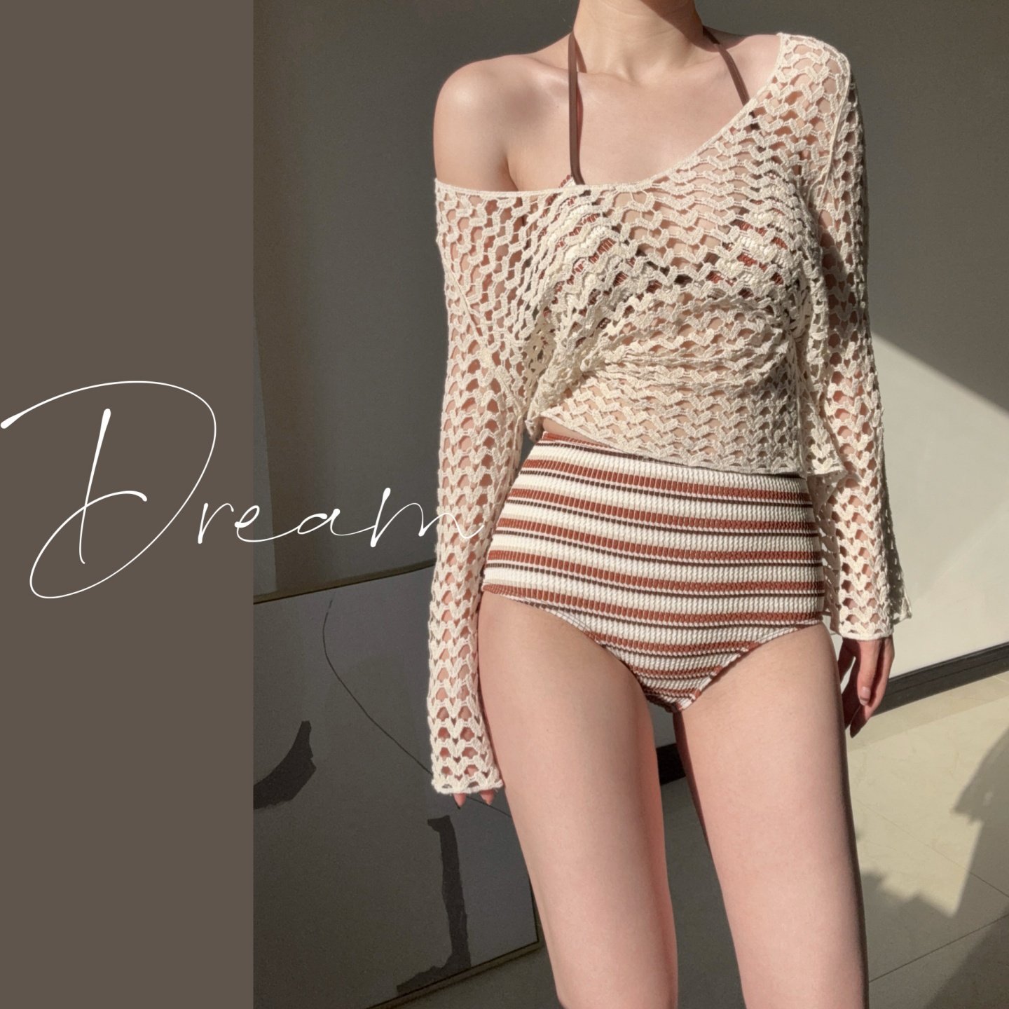 蜜Dream泳衣女慵懒条纹比基尼三件套针织镂空罩衫分体露肩显瘦装,运动/瑜伽/健身/球迷用品,比基尼,淘宝优惠券,粉丝福利购,淘宝优惠卷