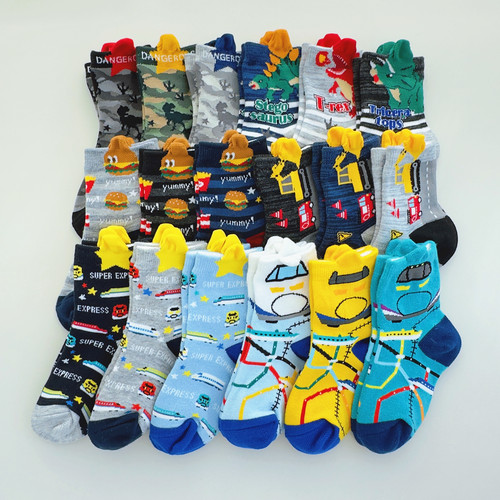 外贸日单男童汽车恐龙挖掘机袜子
