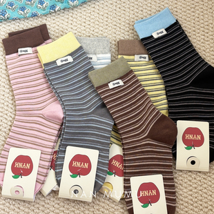 NANMUMU撞色条纹中筒袜 韩国东大门进口纯棉女士袜秋冬保暖袜子女
