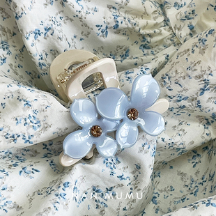 原创baby蓝花朵小号抓夹鲨鱼夹mini盘发半抓发夹小清新醋酸发抓
