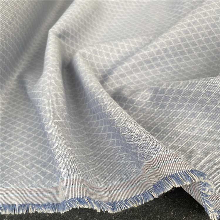 大牌进口白色浅蓝色色织菱形格纹编织精纺亚麻面料设计师套装布料